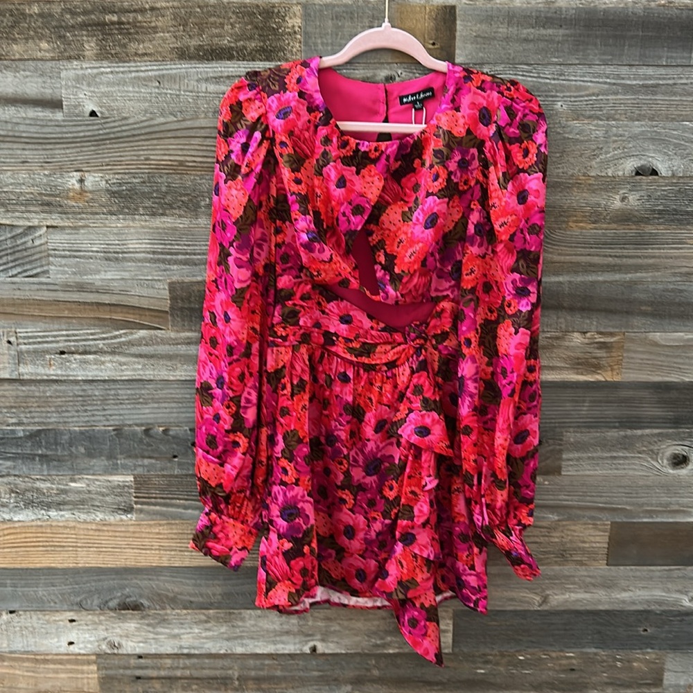 For Love & Lemons ‘Lauren’ Red Floral Long Sleeve Front Cut Out Mini Dress Small - Picture 3 of 12